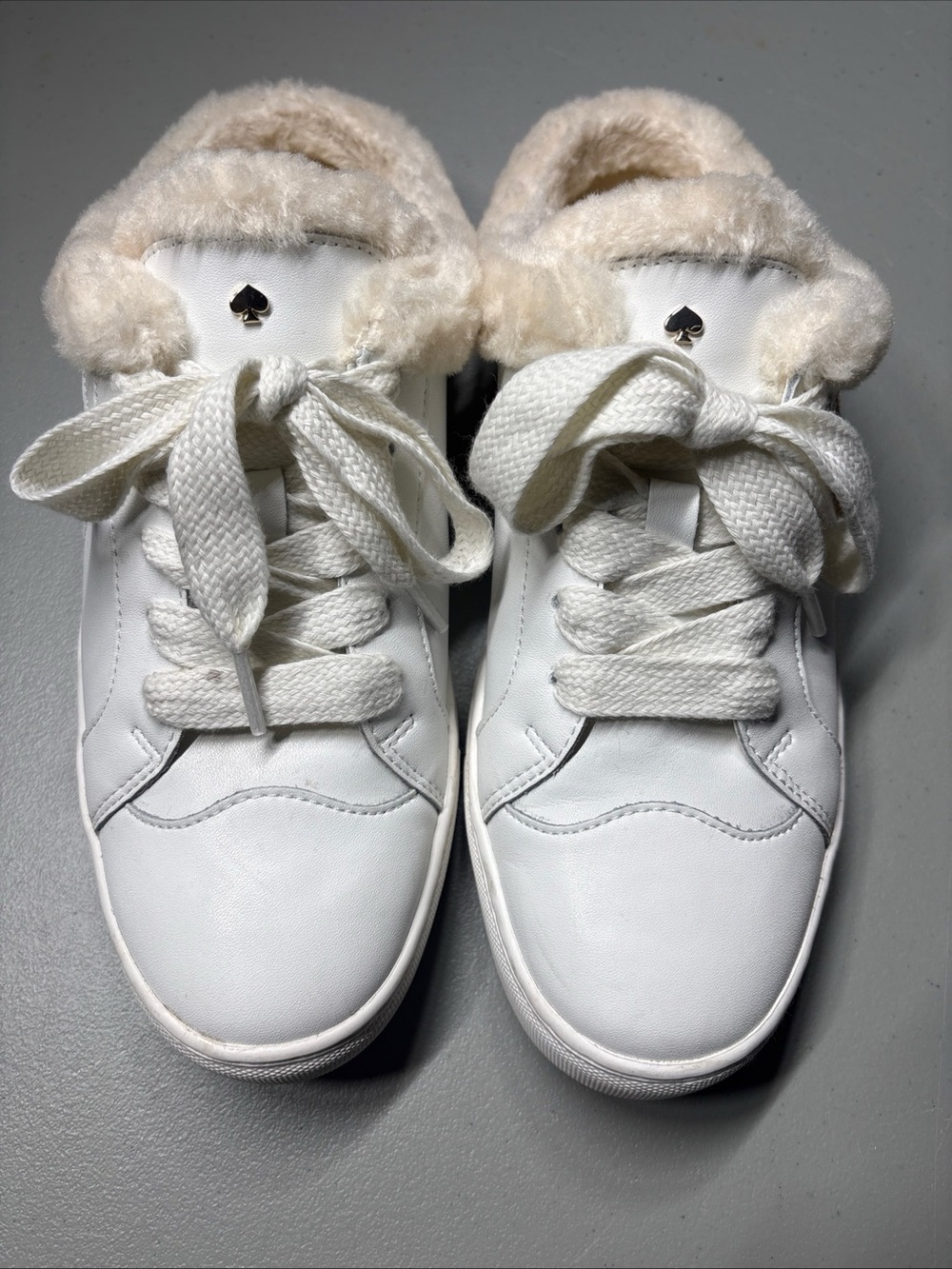 Kate Spade Fez Mule Sneakers Faux Fur White Leather Slip-on Size 9B
